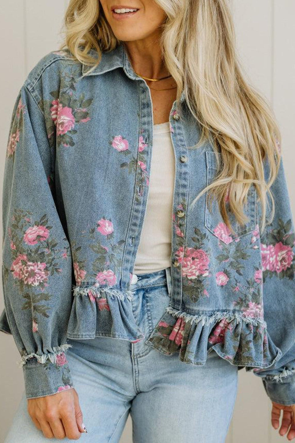 Floral Denim Raw Seam Ruffle Hem Jacket - Rooted & Reckless Co.