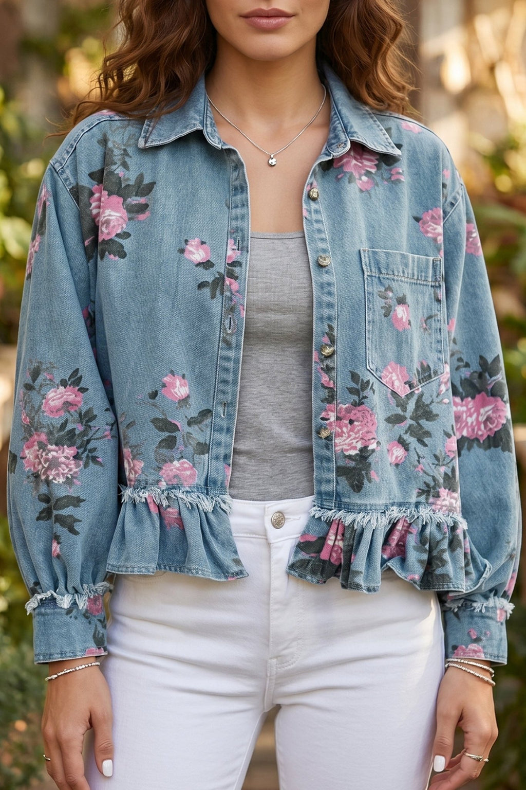 Floral Denim Raw Seam Ruffle Hem Jacket - Rooted & Reckless Co.