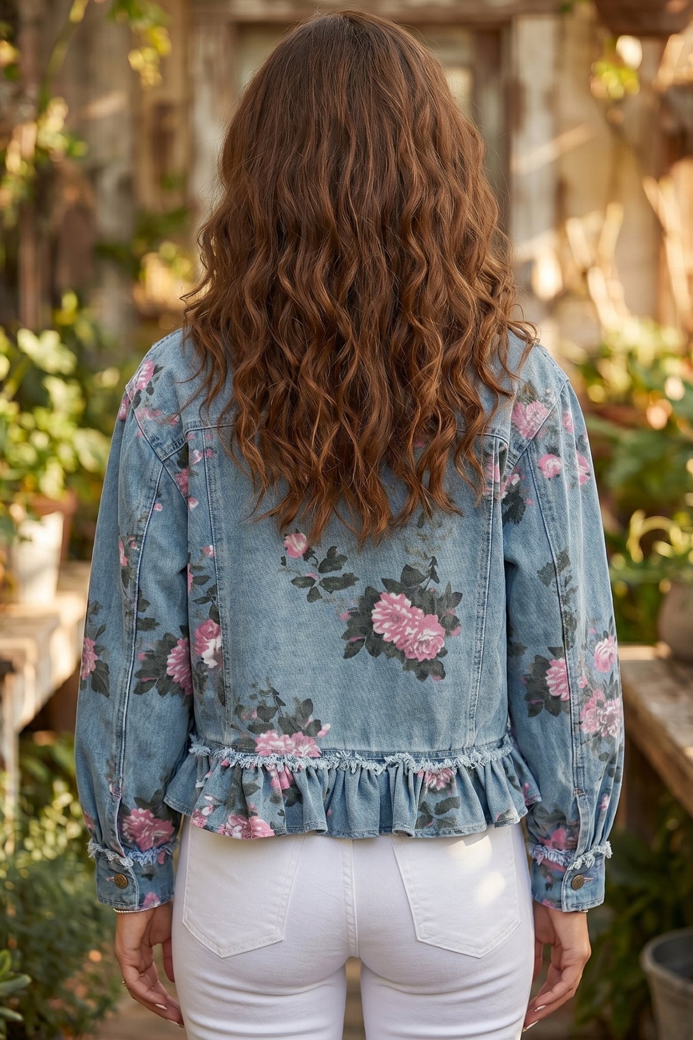 Floral Denim Raw Seam Ruffle Hem Jacket - Rooted & Reckless Co.
