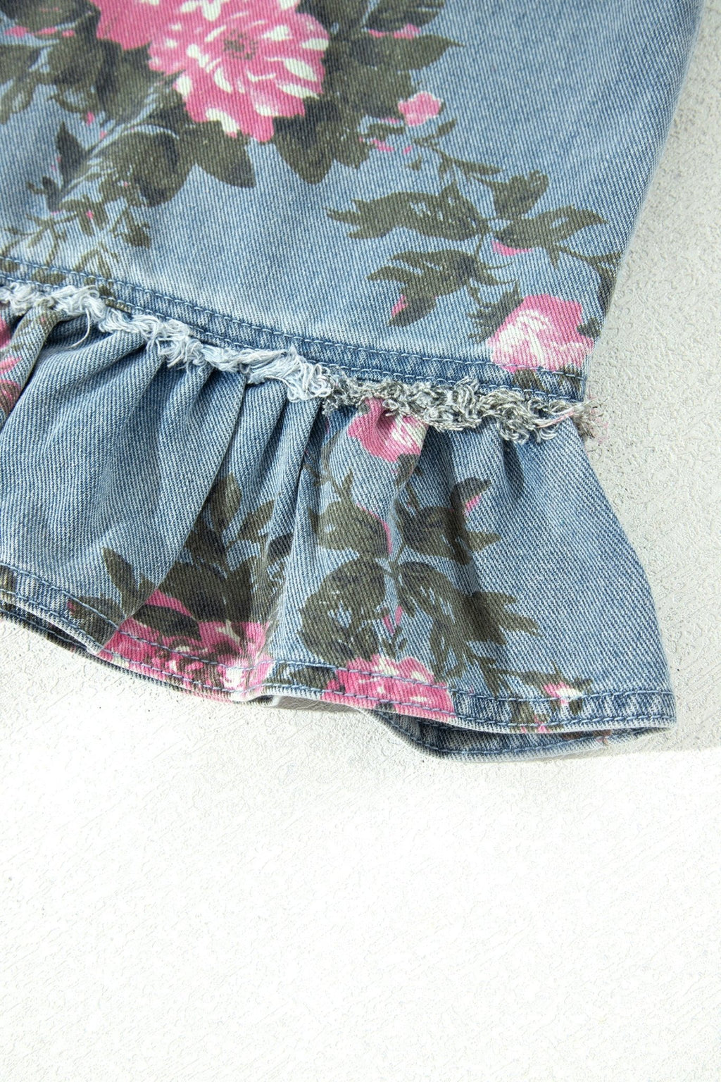 Floral Denim Raw Seam Ruffle Hem Jacket - Rooted & Reckless Co.