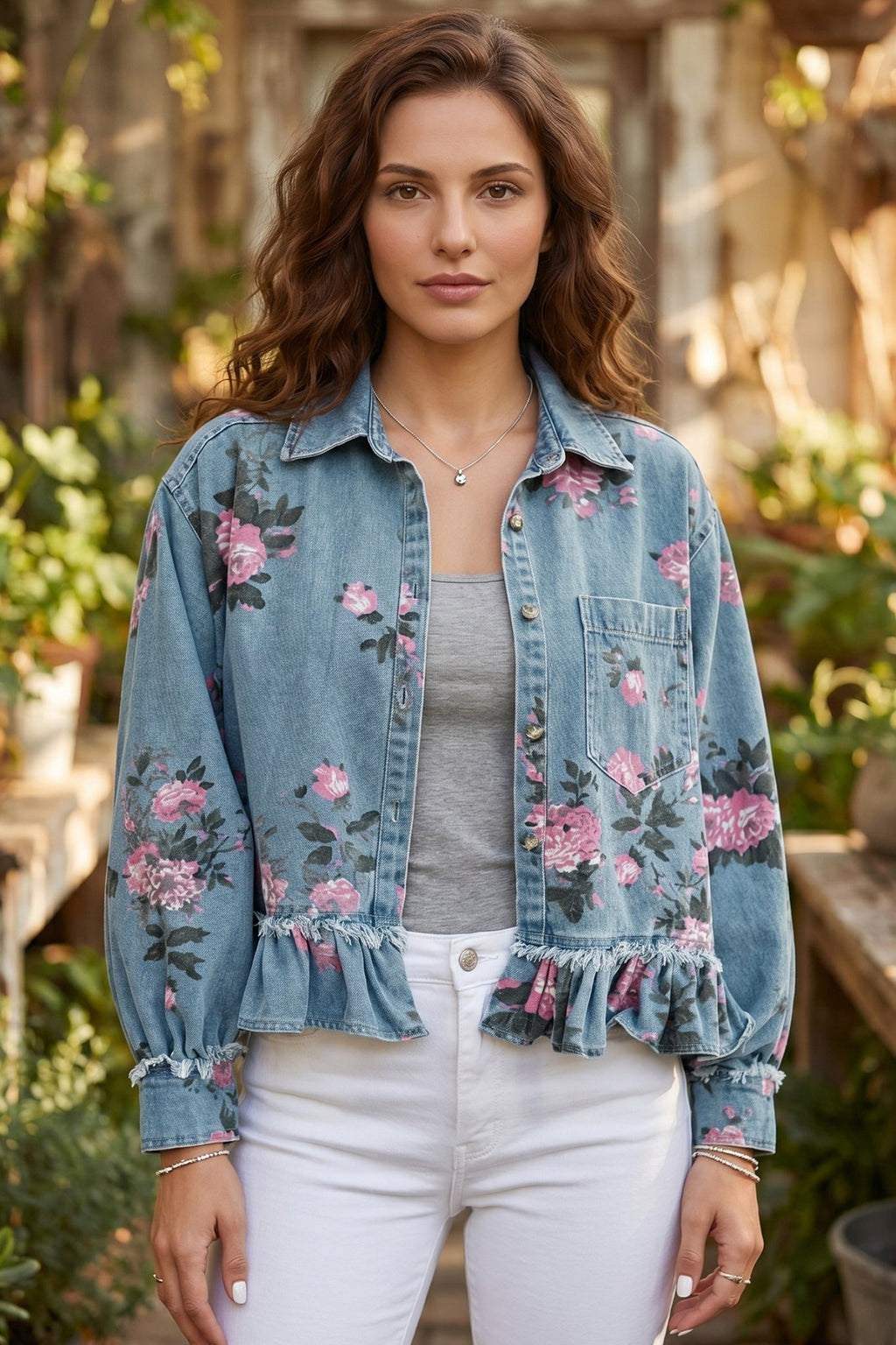 Floral Denim Raw Seam Ruffle Hem Jacket - Rooted & Reckless Co.