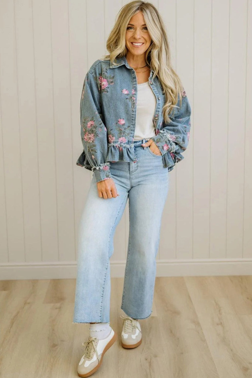 Floral Denim Raw Seam Ruffle Hem Jacket - Rooted & Reckless Co.