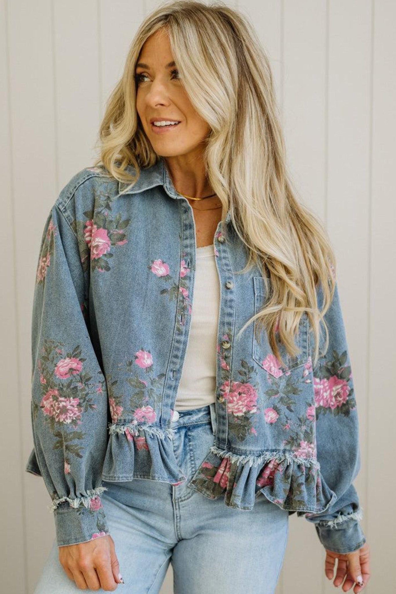 Floral Denim Raw Seam Ruffle Hem Jacket - Rooted & Reckless Co.