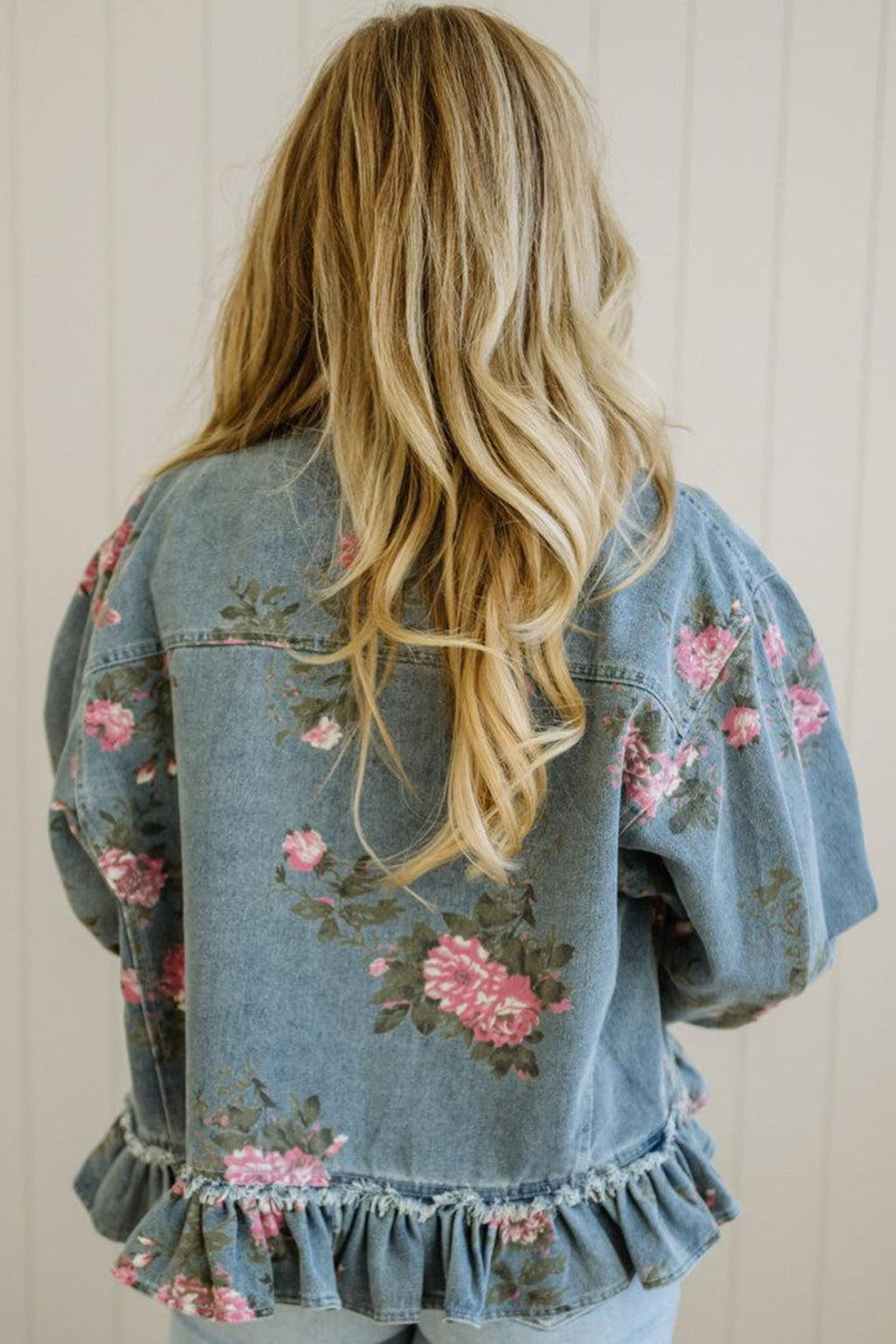 Floral Denim Raw Seam Ruffle Hem Jacket - Rooted & Reckless Co.