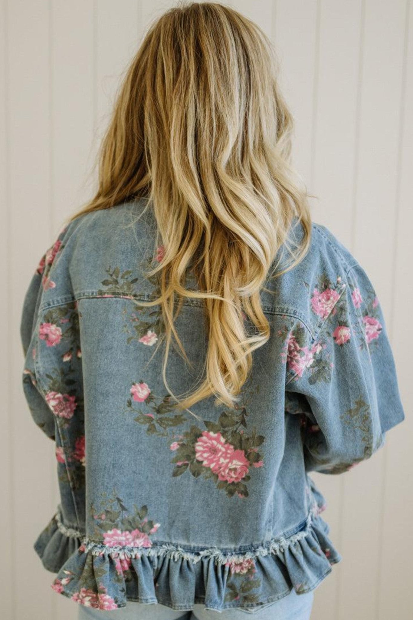 Floral Denim Raw Seam Ruffle Hem Jacket - Rooted & Reckless Co.