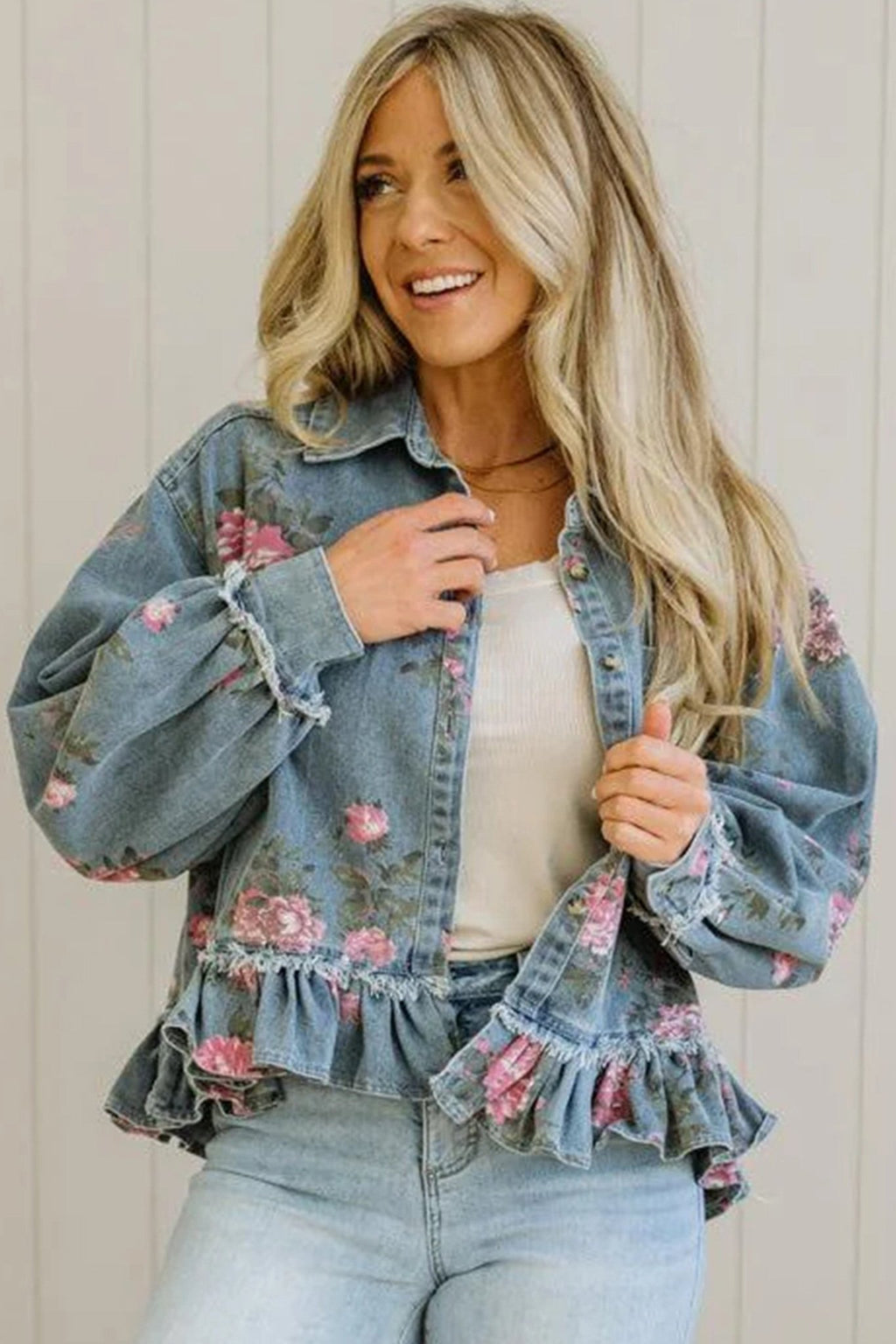 Floral Denim Raw Seam Ruffle Hem Jacket - Rooted & Reckless Co.