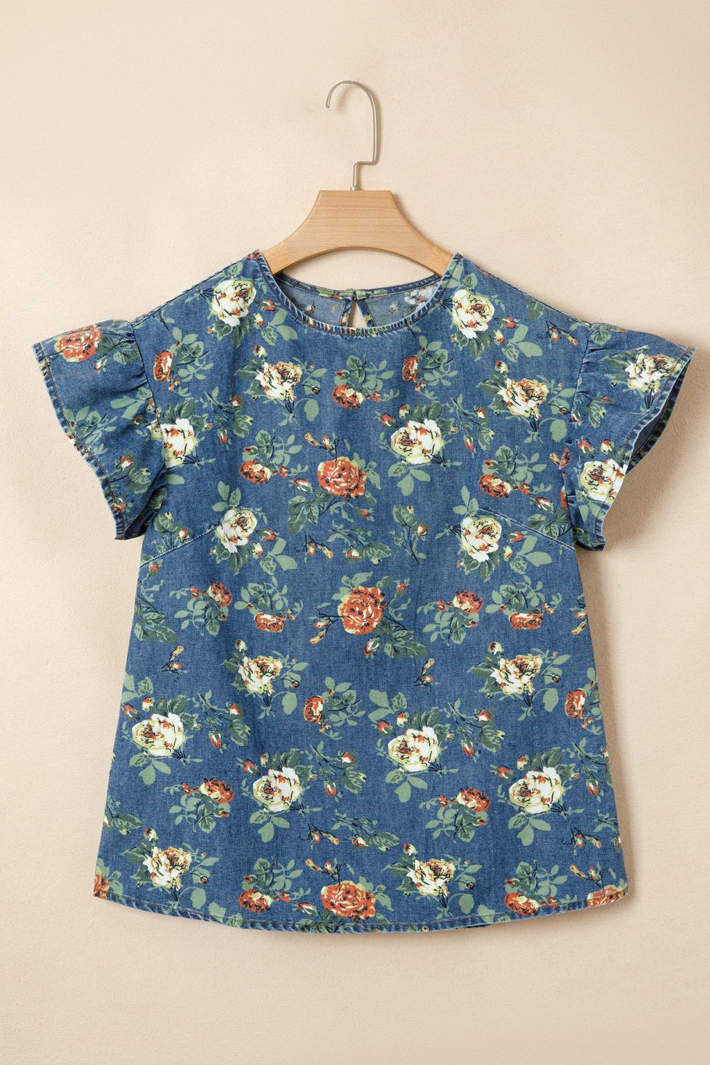 Floral Denim Ruffle Short Sleeve Top - Rooted & Reckless Co.