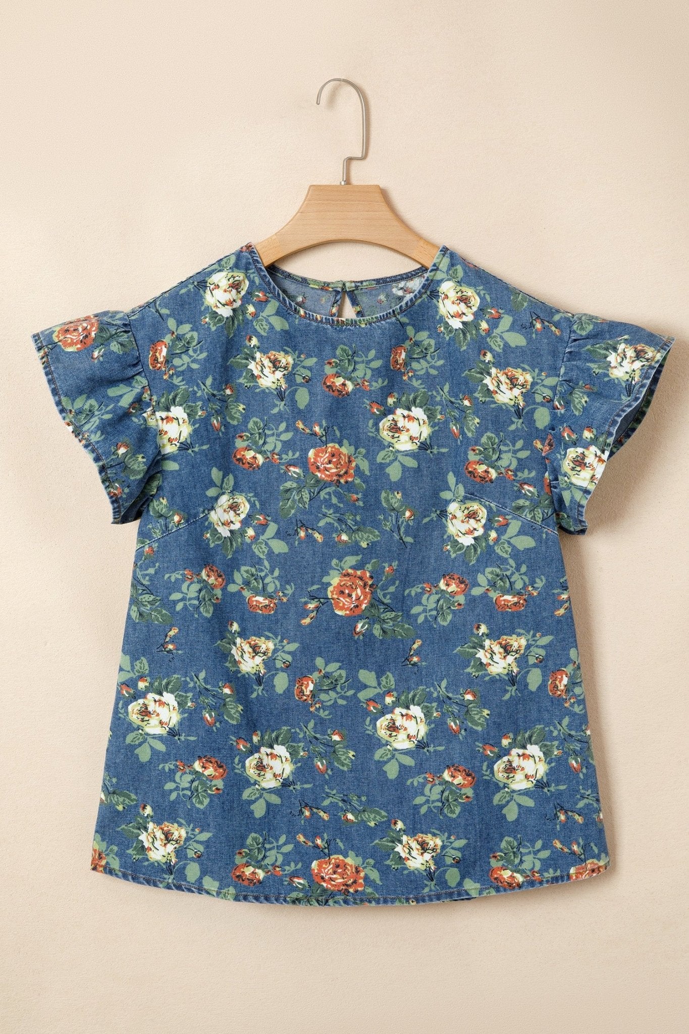 Floral Denim Ruffle Short Sleeve Top - Rooted & Reckless Co.