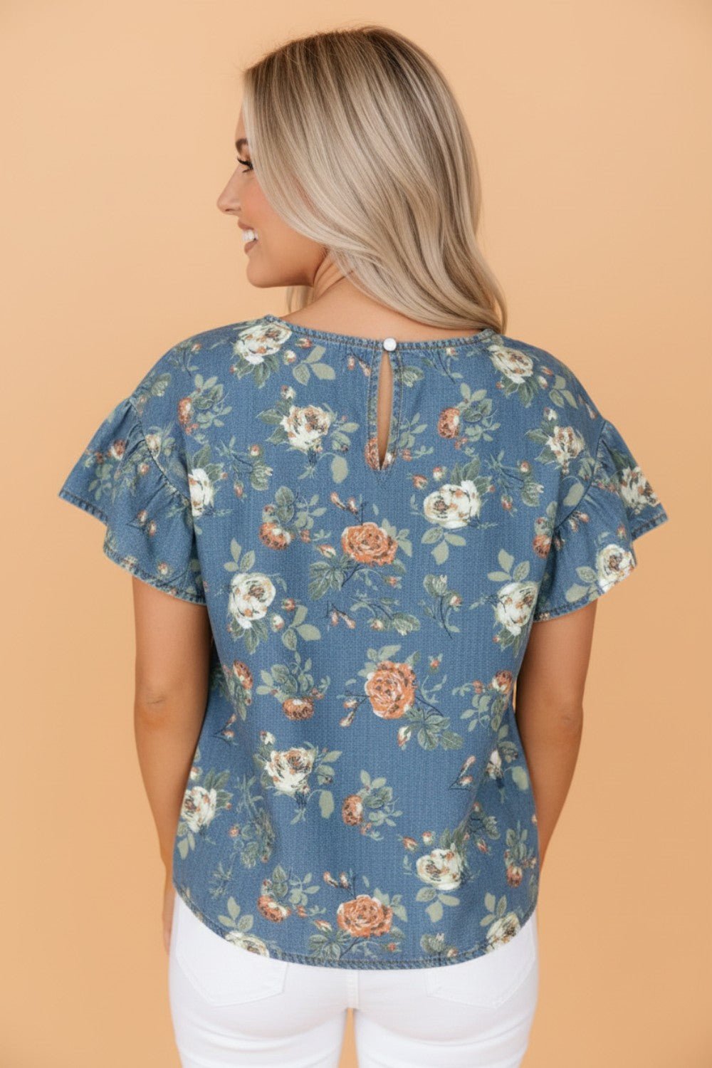 Floral Denim Ruffle Short Sleeve Top - Rooted & Reckless Co.