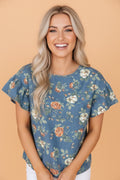 Floral Denim Ruffle Short Sleeve Top - Rooted & Reckless Co.