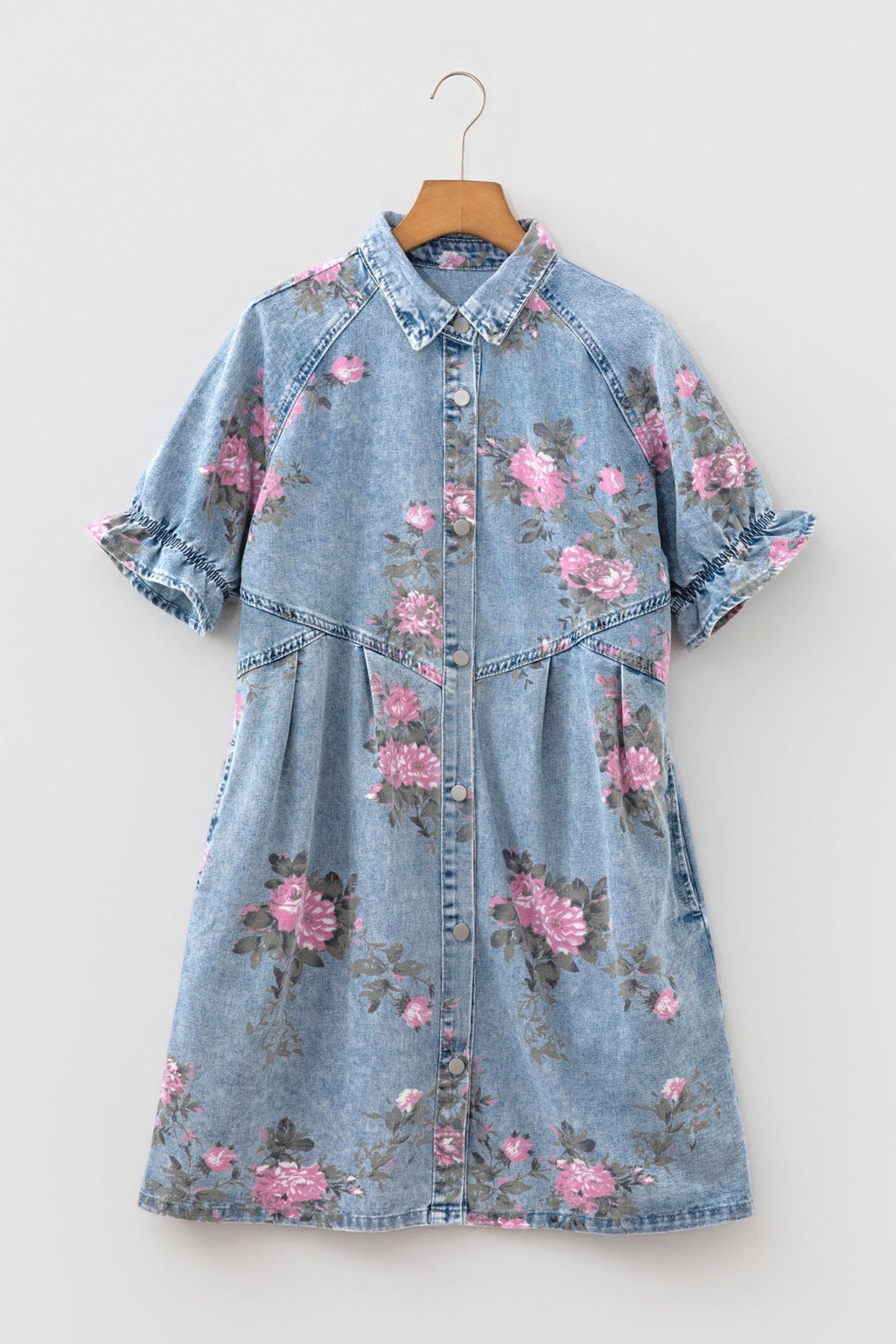 Floral Denim Short Sleeve Button Down Dress - Rooted & Reckless Co.