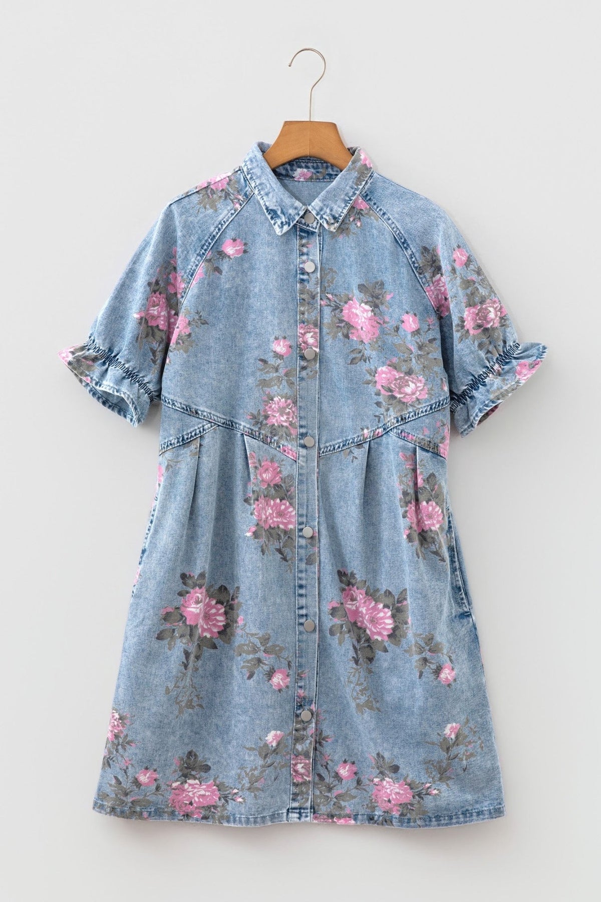 Floral Denim Short Sleeve Button Down Dress - Rooted & Reckless Co.