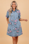 Floral Denim Short Sleeve Button Down Dress - Rooted & Reckless Co.