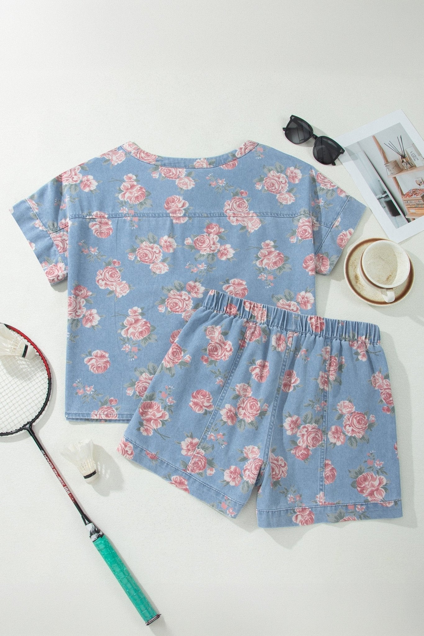 Floral Denim Short Sleeve Top & Loose Shorts Set - Rooted & Reckless Co.