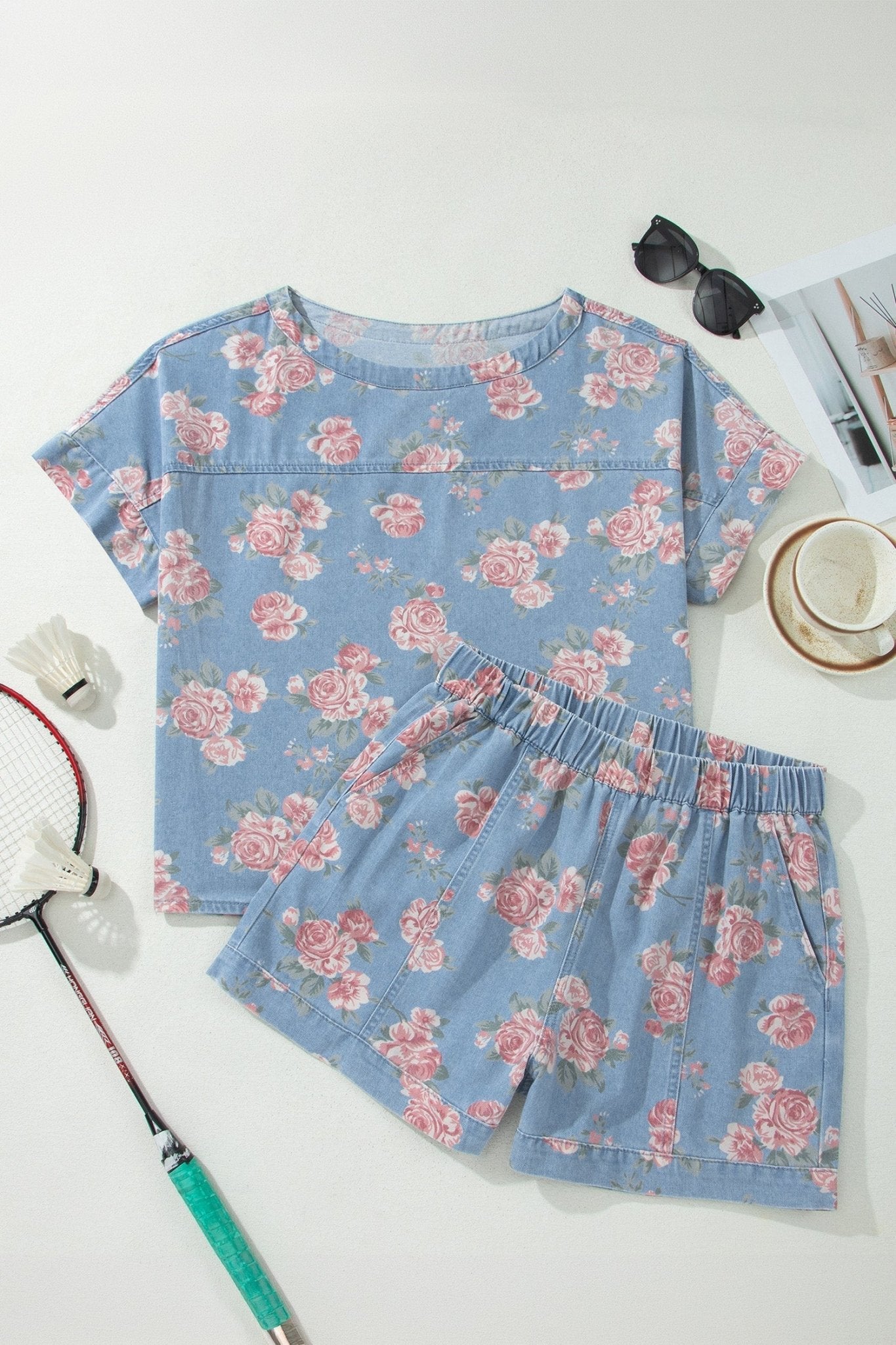 Floral Denim Short Sleeve Top & Loose Shorts Set - Rooted & Reckless Co.