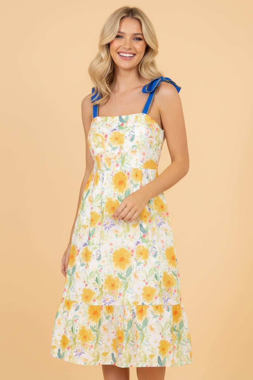 Floral Denim Tie Strap High Waist Maxi Dress - Rooted & Reckless Co.
