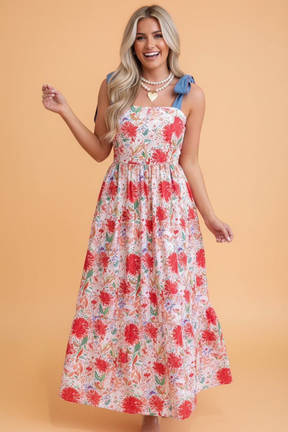 Floral Denim Tie Strap High Waist Maxi Dress - Rooted & Reckless Co.