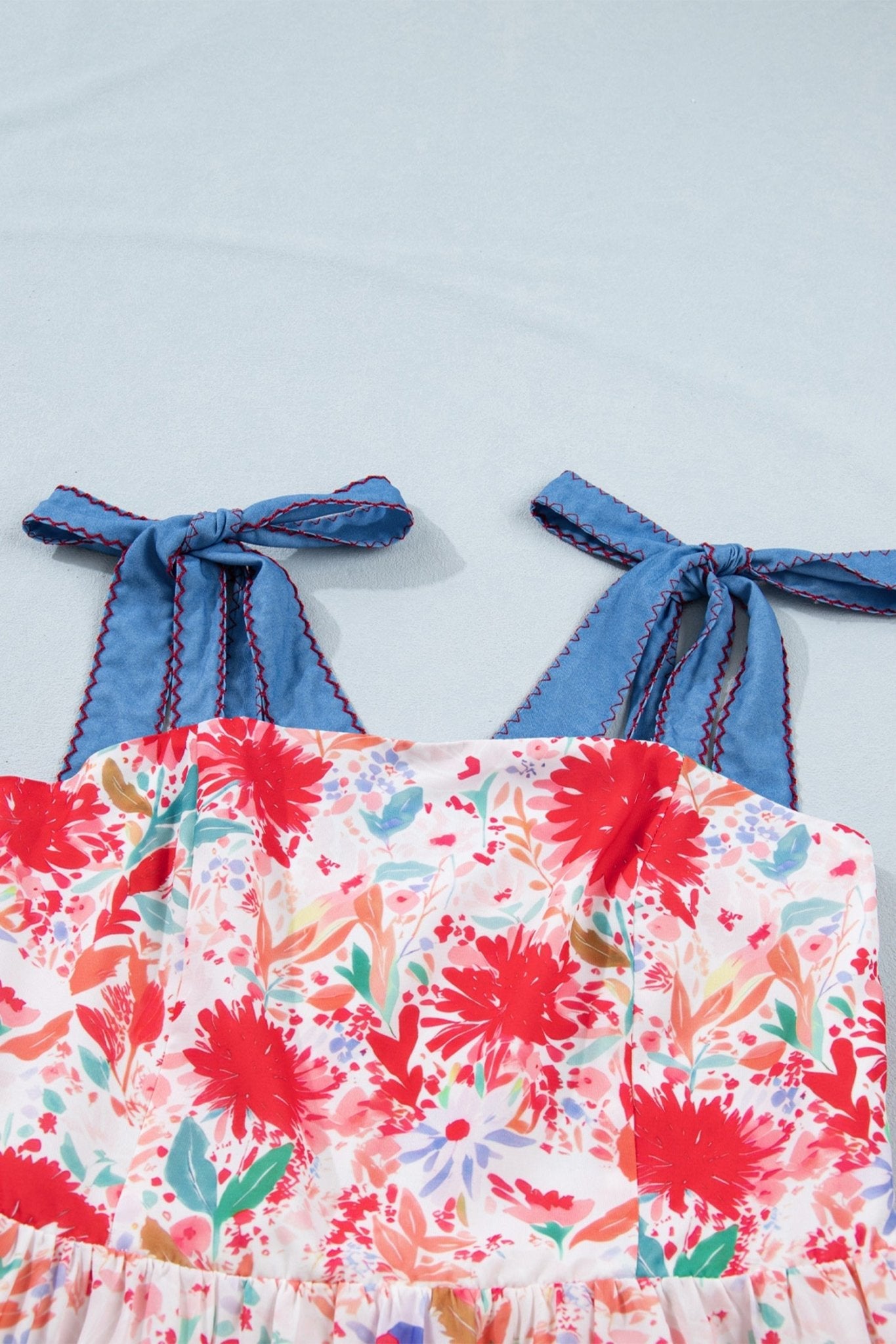 Floral Denim Tie Strap High Waist Maxi Dress - Rooted & Reckless Co.