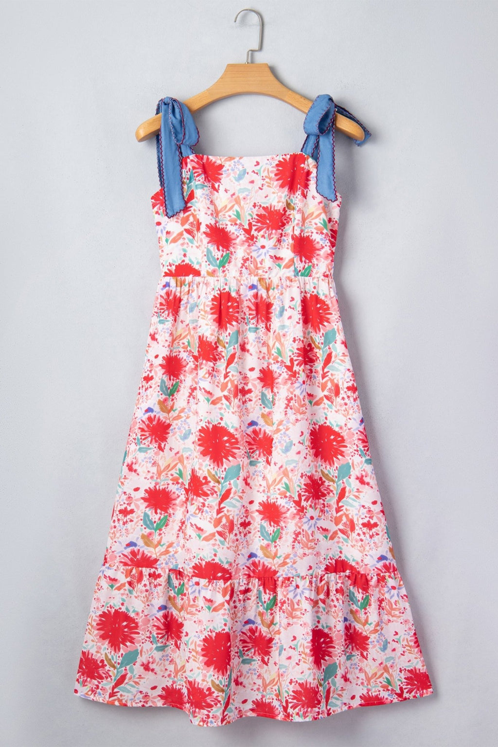 Floral Denim Tie Strap High Waist Maxi Dress - Rooted & Reckless Co.