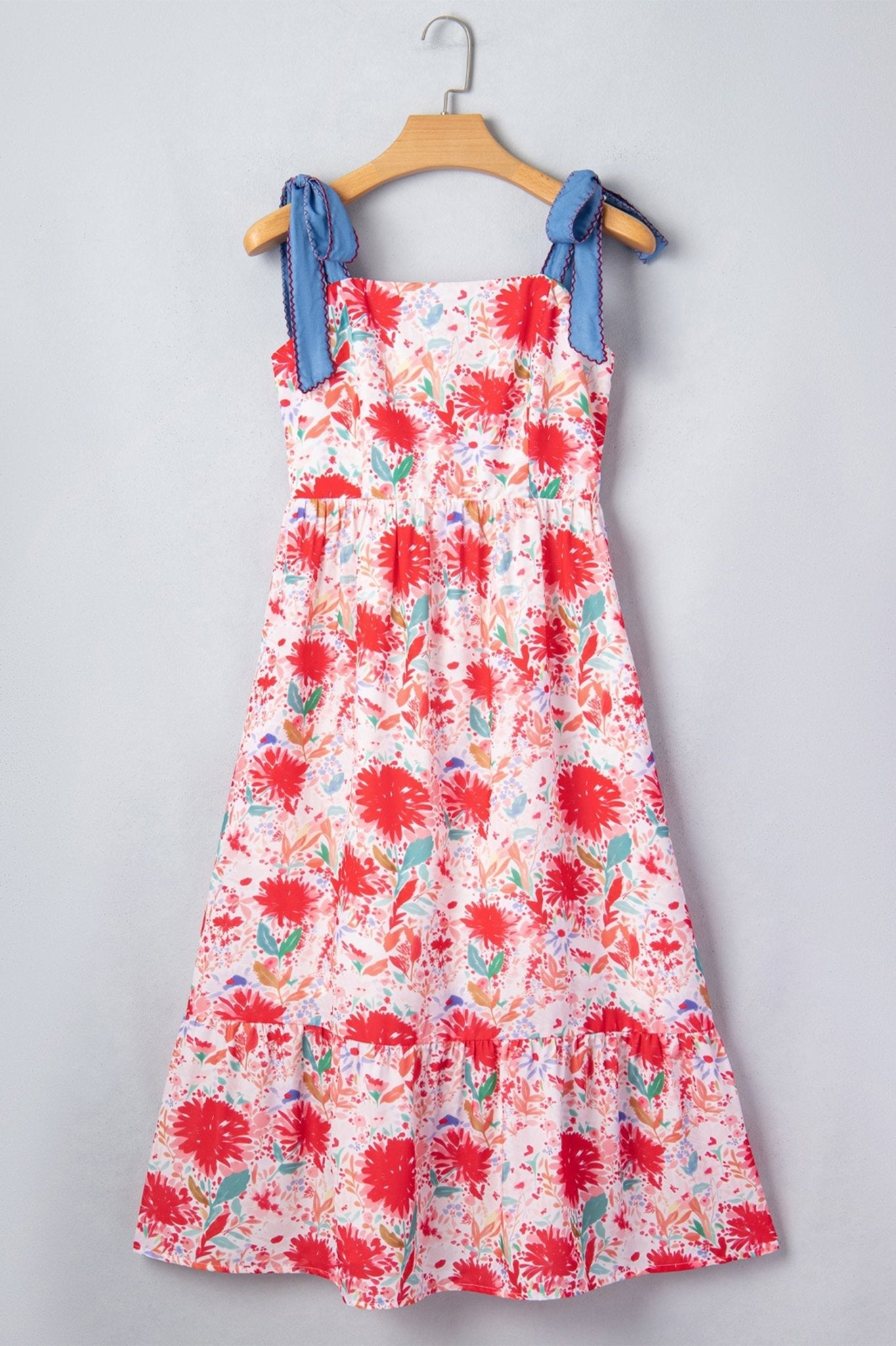Floral Denim Tie Strap High Waist Maxi Dress - Rooted & Reckless Co.