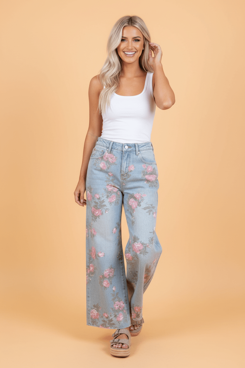Floral Denim Wide Leg Jeans - Rooted & Reckless Co.