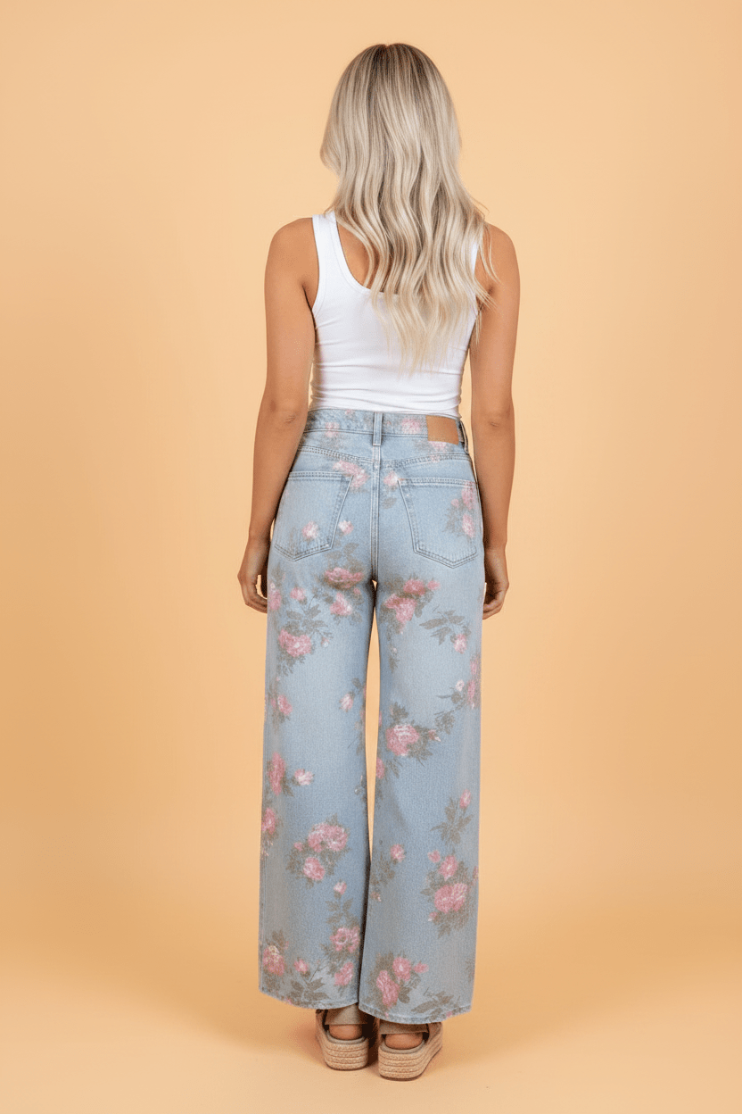 Floral Denim Wide Leg Jeans - Rooted & Reckless Co.