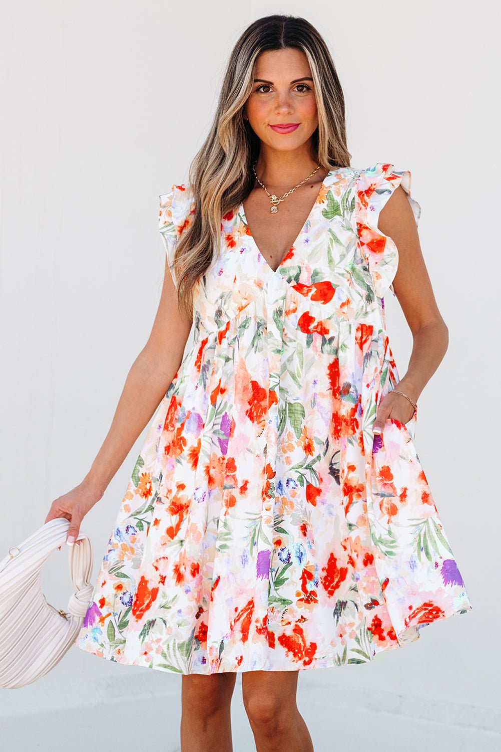 Floral Double Ruffle Sleeve V-Neck Mini Dress - Rooted & Reckless Co.
