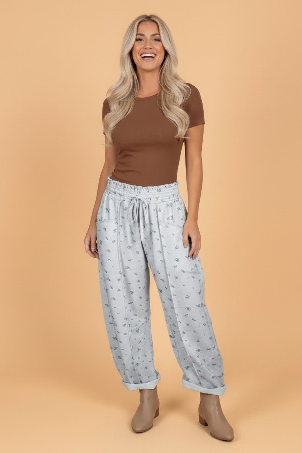 Floral Drawstring High Waist Seamed Barrel Pants - Rooted & Reckless Co.