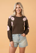 Floral Drop Shoulder Long Sleeve Pullover Sweater - Rooted & Reckless Co.