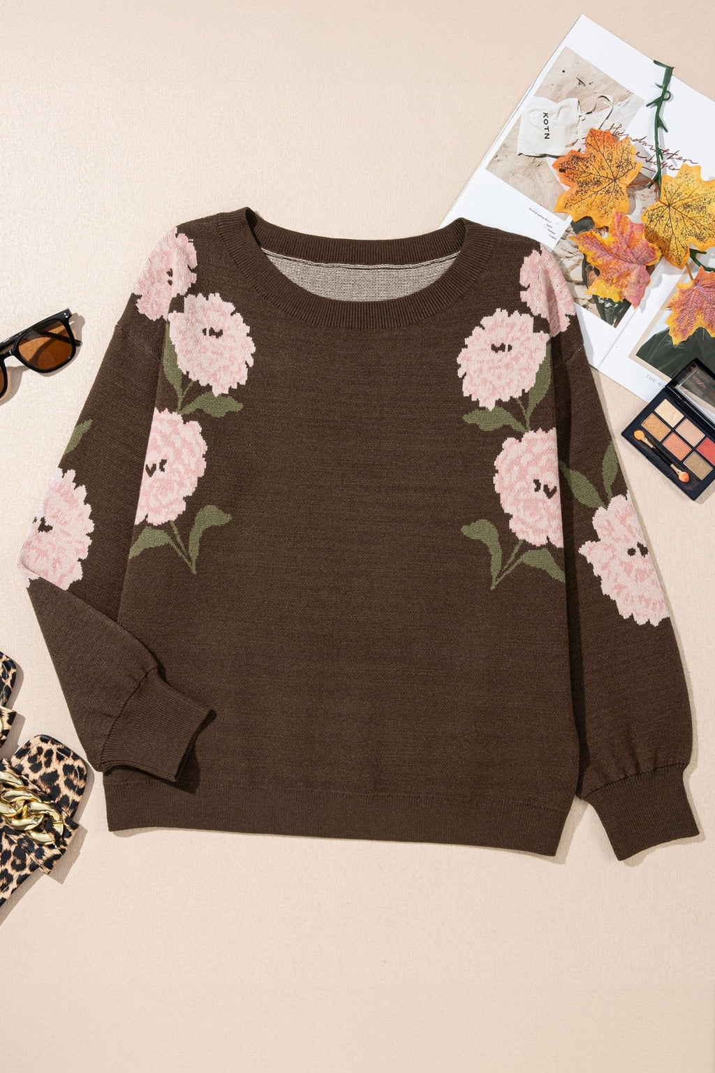 Floral Drop Shoulder Long Sleeve Pullover Sweater - Rooted & Reckless Co.