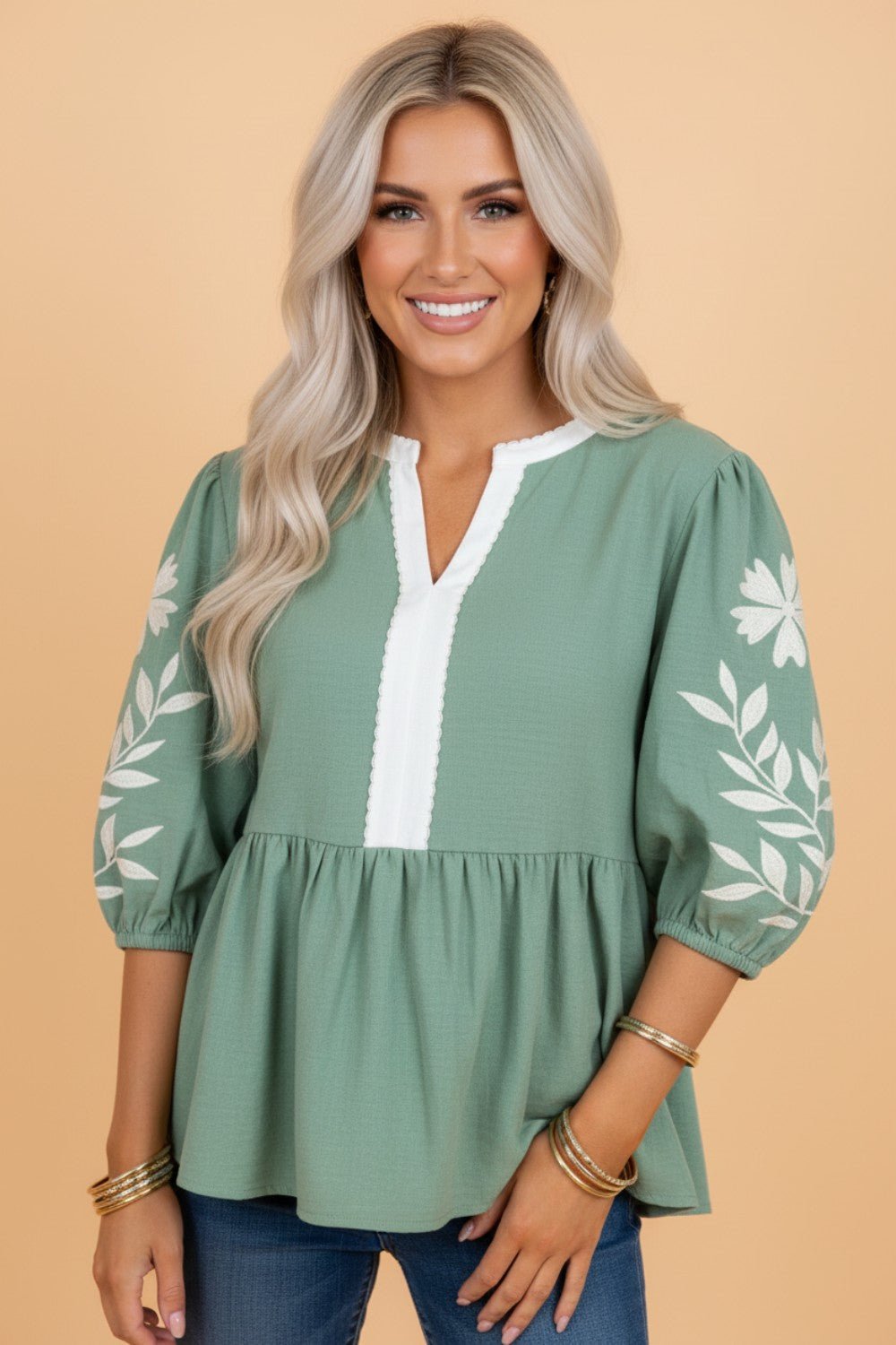 Floral Embroidered Colorblock Puff Sleeve Babydoll Blouse - Rooted & Reckless Co.