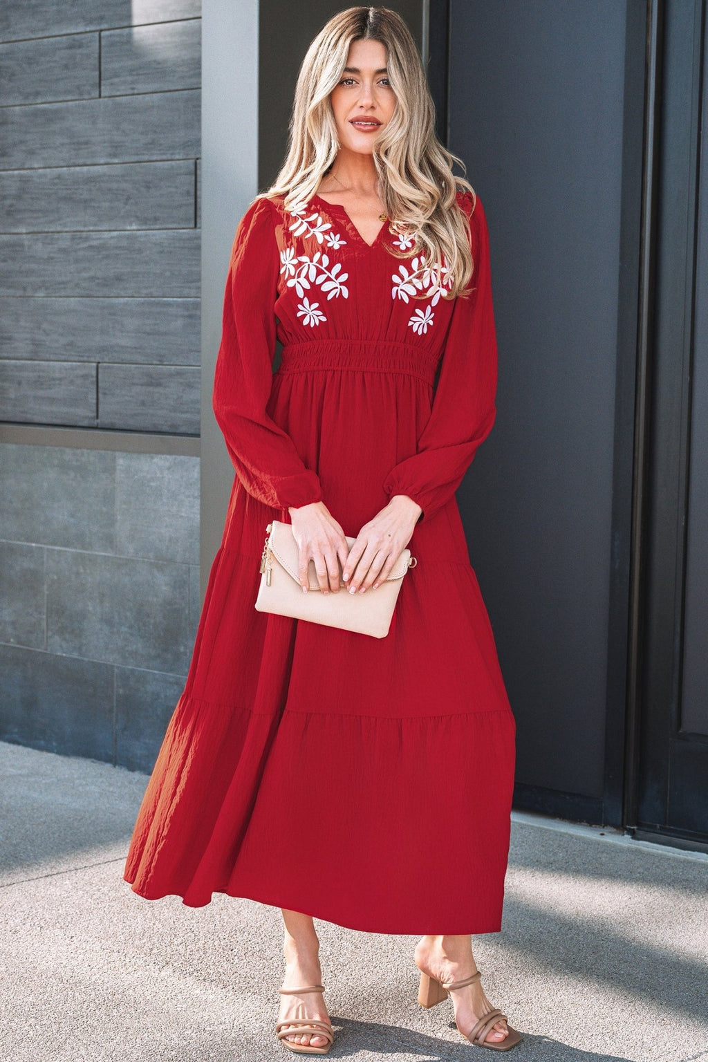 Floral Embroidered Long Sleeve Tiered Maxi Dress - Rooted & Reckless Co.