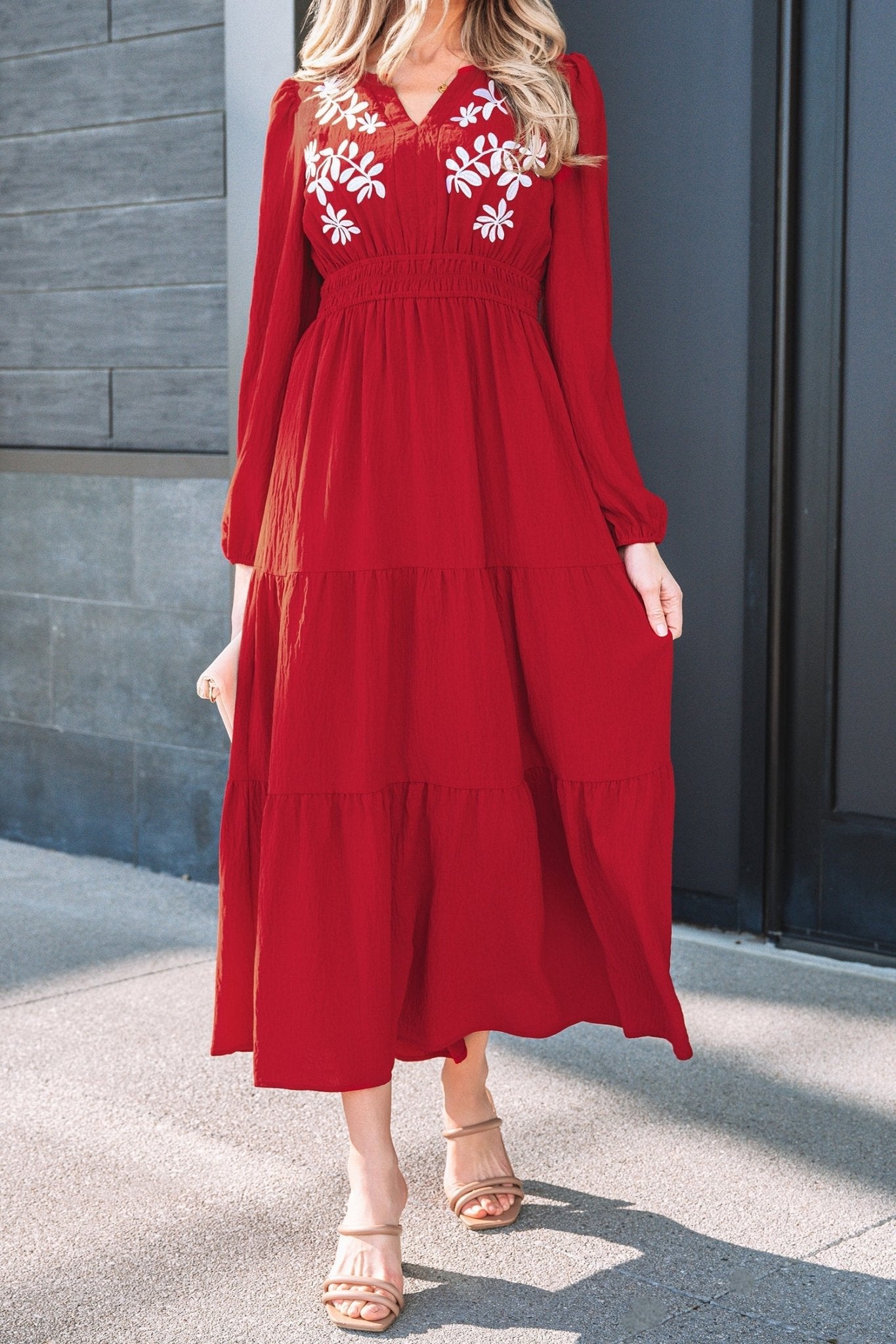 Floral Embroidered Long Sleeve Tiered Maxi Dress - Rooted & Reckless Co.