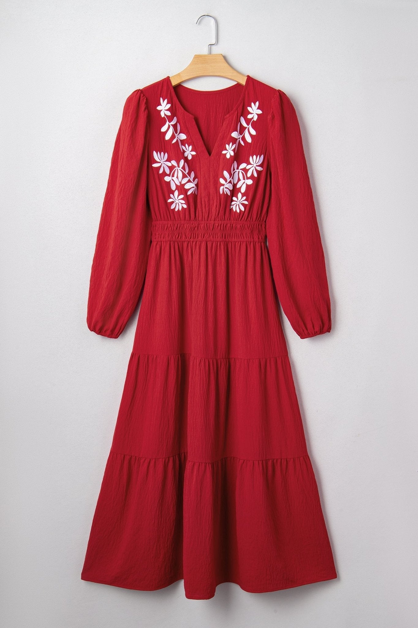 Floral Embroidered Long Sleeve Tiered Maxi Dress - Rooted & Reckless Co.