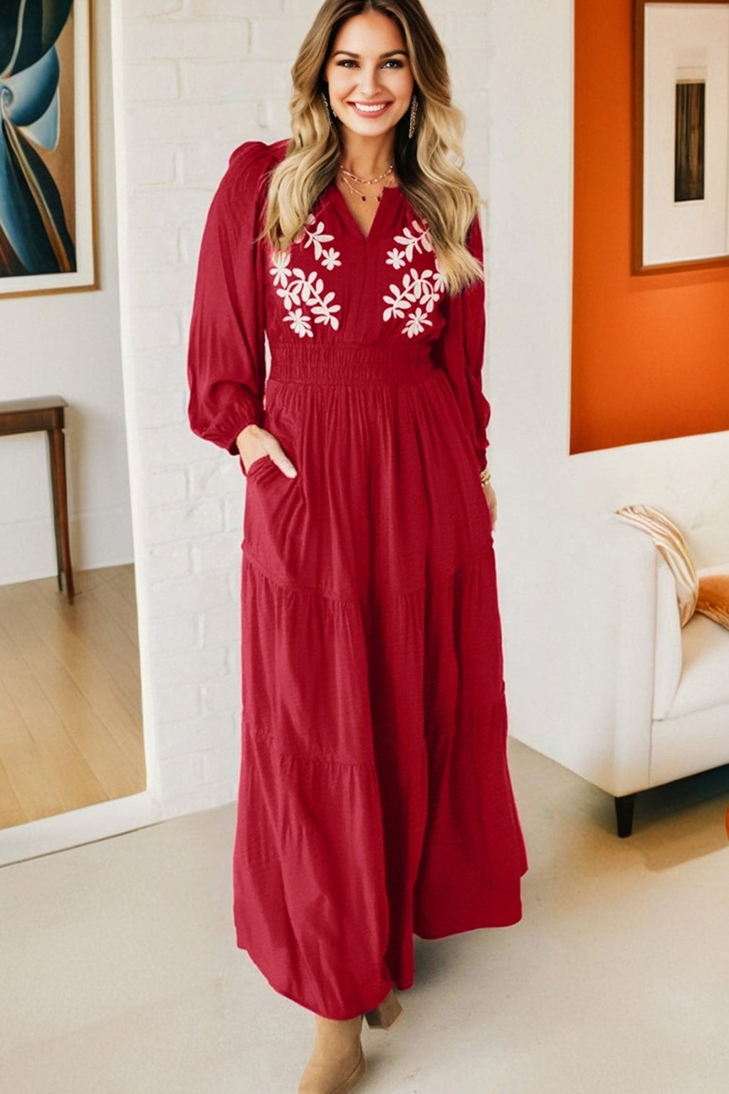 Floral Embroidered Long Sleeve Tiered Maxi Dress - Rooted & Reckless Co.
