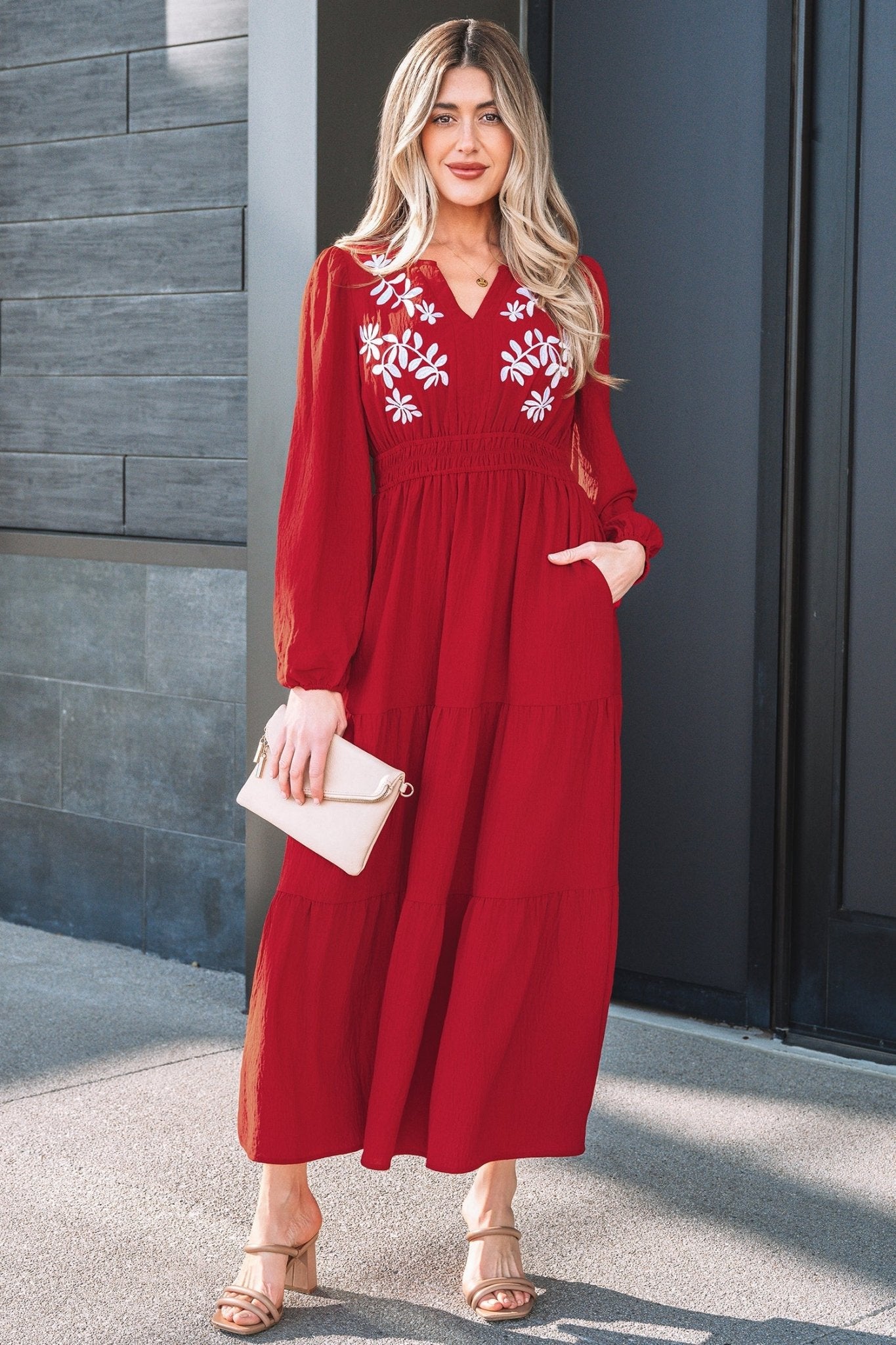 Floral Embroidered Long Sleeve Tiered Maxi Dress - Rooted & Reckless Co.