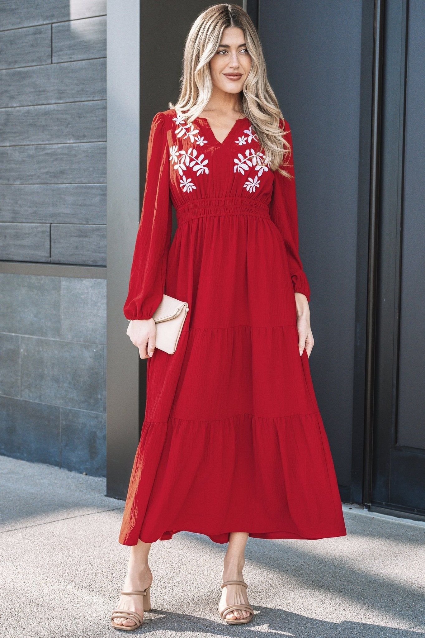Floral Embroidered Long Sleeve Tiered Maxi Dress - Rooted & Reckless Co.