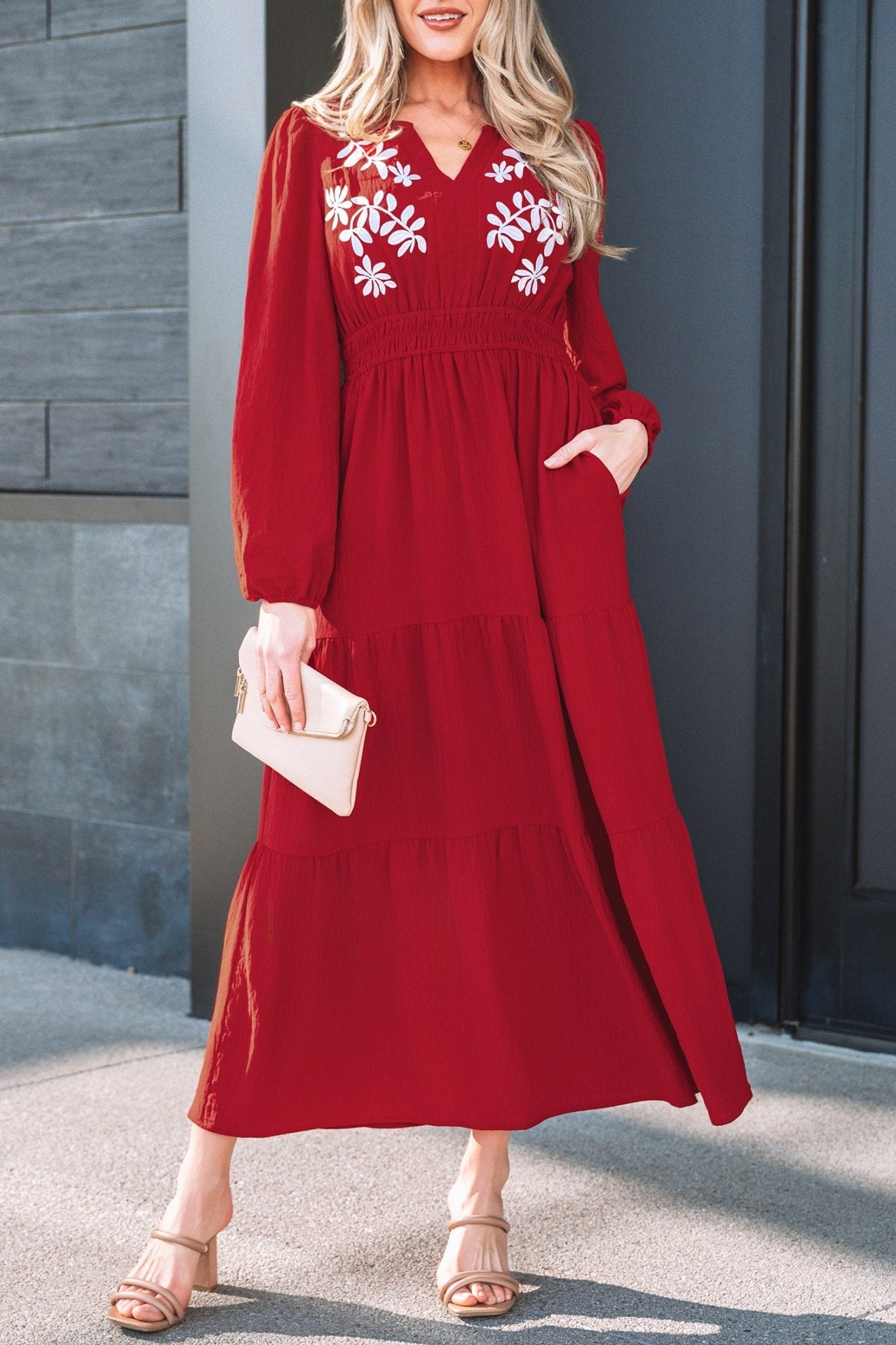 Floral Embroidered Long Sleeve Tiered Maxi Dress - Rooted & Reckless Co.