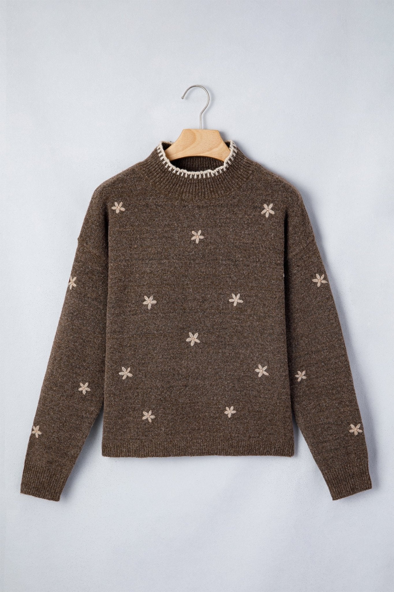 Floral Embroidered Mock Neck Long Sleeve Sweater - Rooted & Reckless Co.