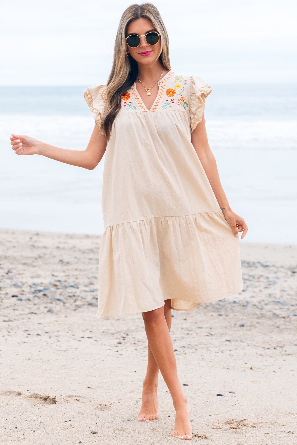 Floral Embroidered Pom Pom Ruffle Sleeve Dress - Rooted & Reckless Co.
