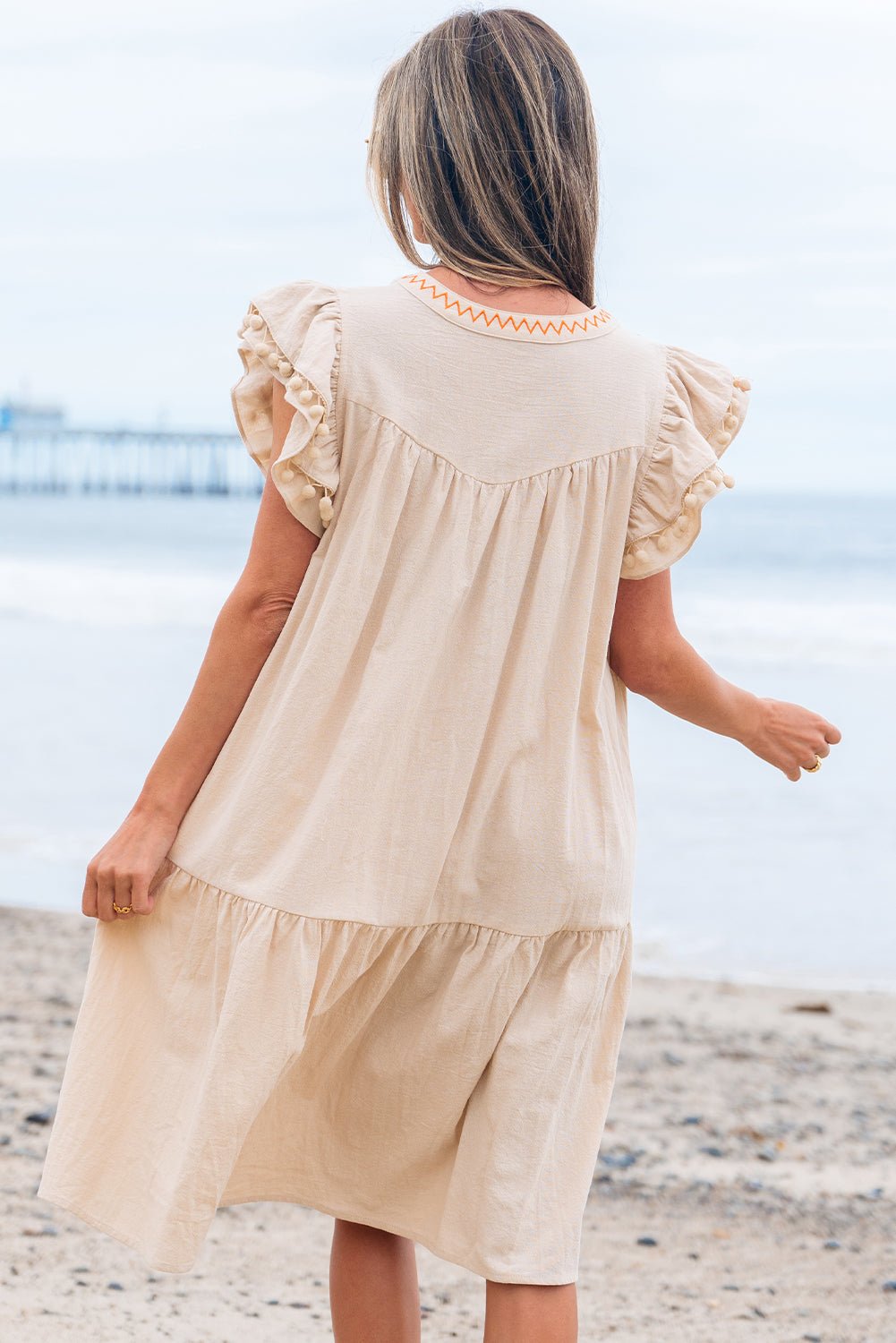 Floral Embroidered Pom Pom Ruffle Sleeve Dress - Rooted & Reckless Co.