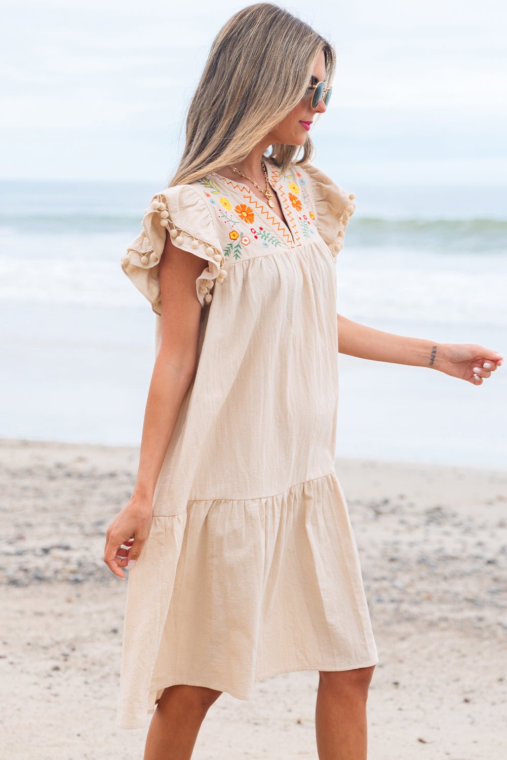 Floral Embroidered Pom Pom Ruffle Sleeve Dress - Rooted & Reckless Co.