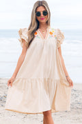 Floral Embroidered Pom Pom Ruffle Sleeve Dress - Rooted & Reckless Co.