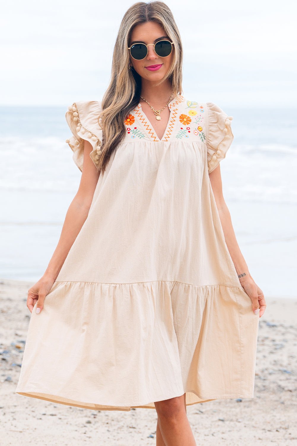 Floral Embroidered Pom Pom Ruffle Sleeve Dress - Rooted & Reckless Co.