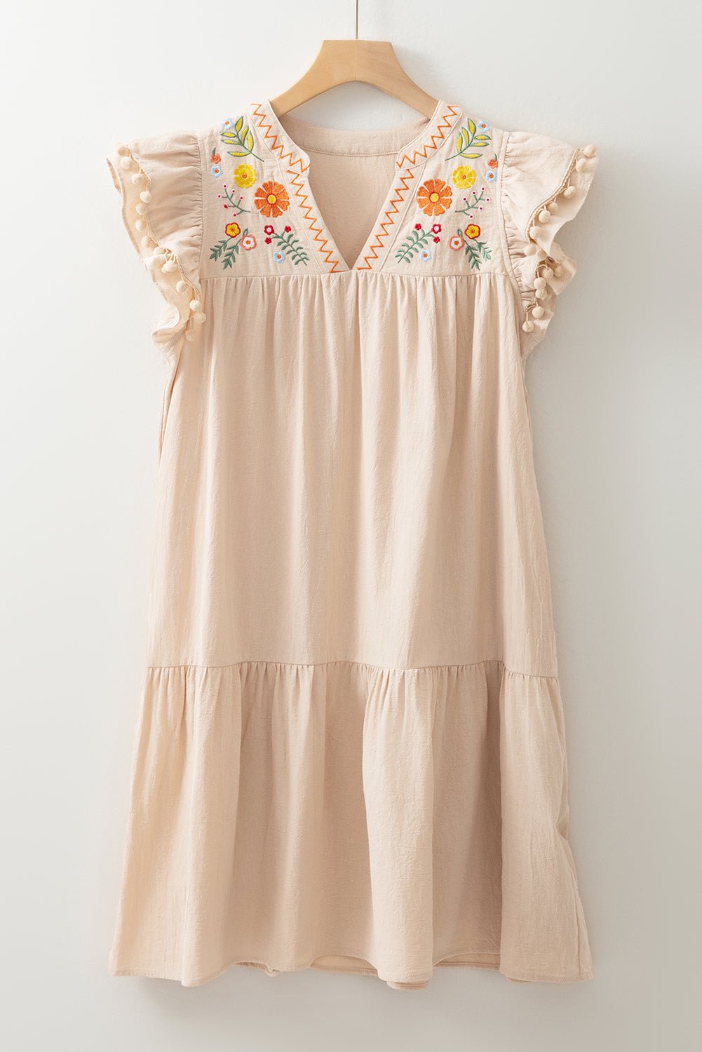 Floral Embroidered Pom Pom Ruffle Sleeve Dress - Rooted & Reckless Co.