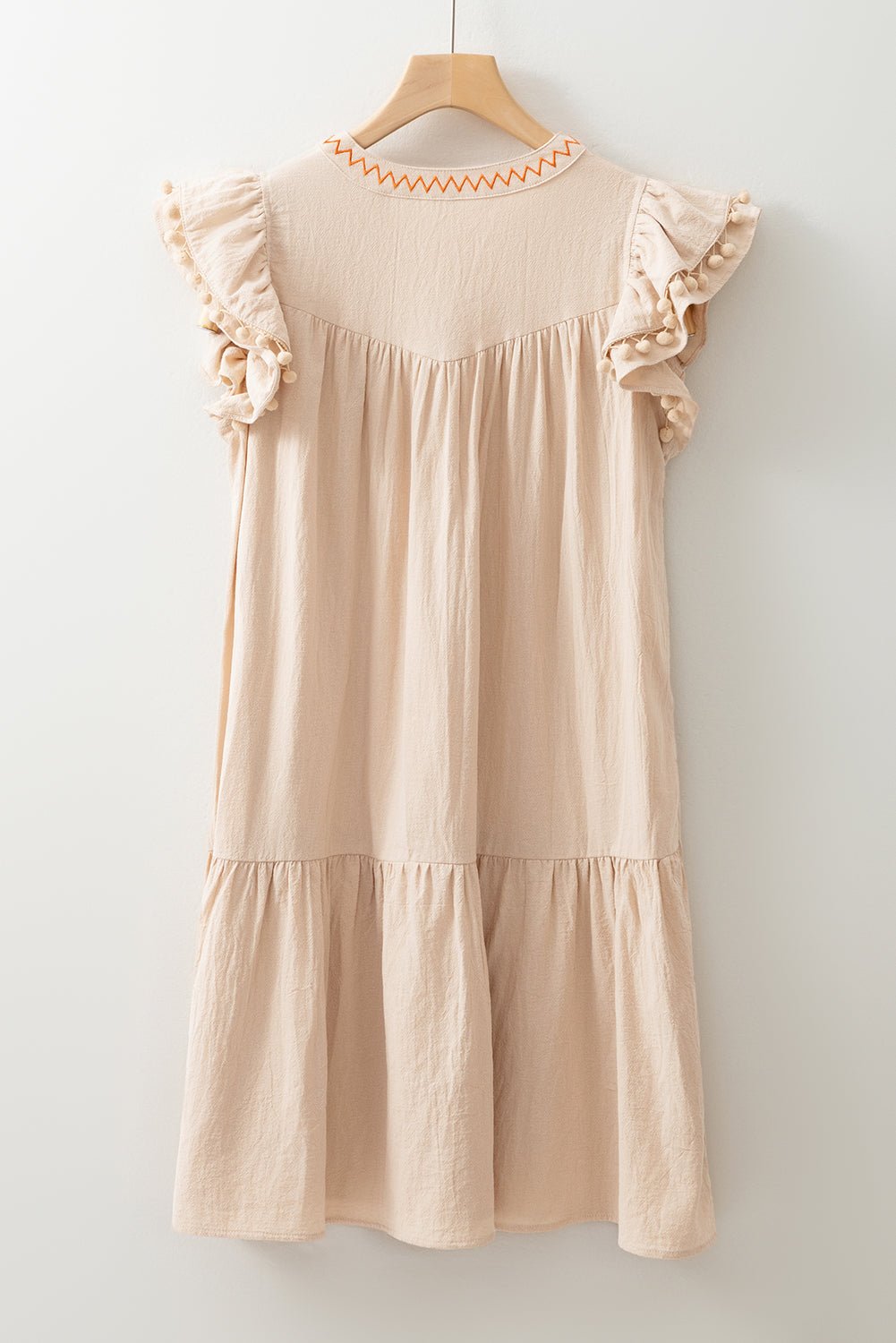 Floral Embroidered Pom Pom Ruffle Sleeve Dress - Rooted & Reckless Co.