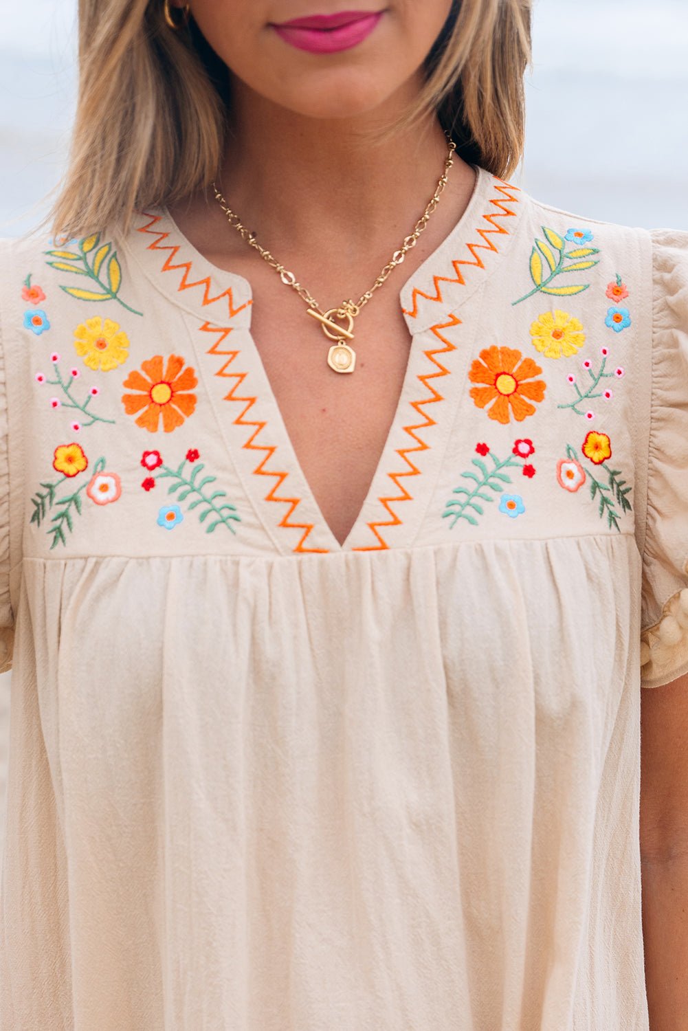 Floral Embroidered Pom Pom Ruffle Sleeve Dress - Rooted & Reckless Co.