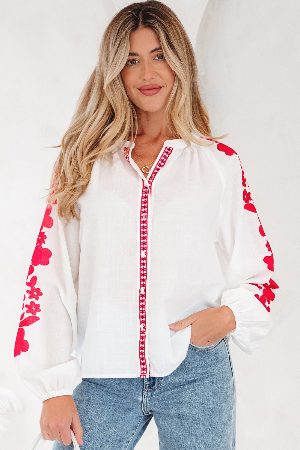 Floral Embroidered Puff Long Sleeve Shirt - Rooted & Reckless Co.