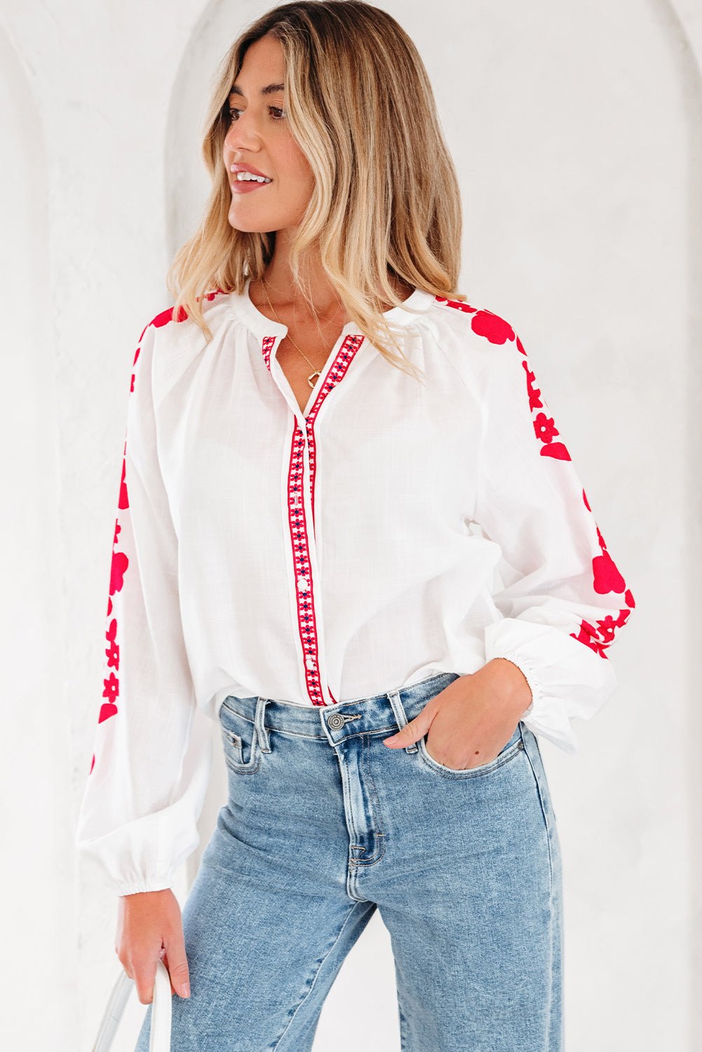 Floral Embroidered Puff Long Sleeve Shirt - Rooted & Reckless Co.