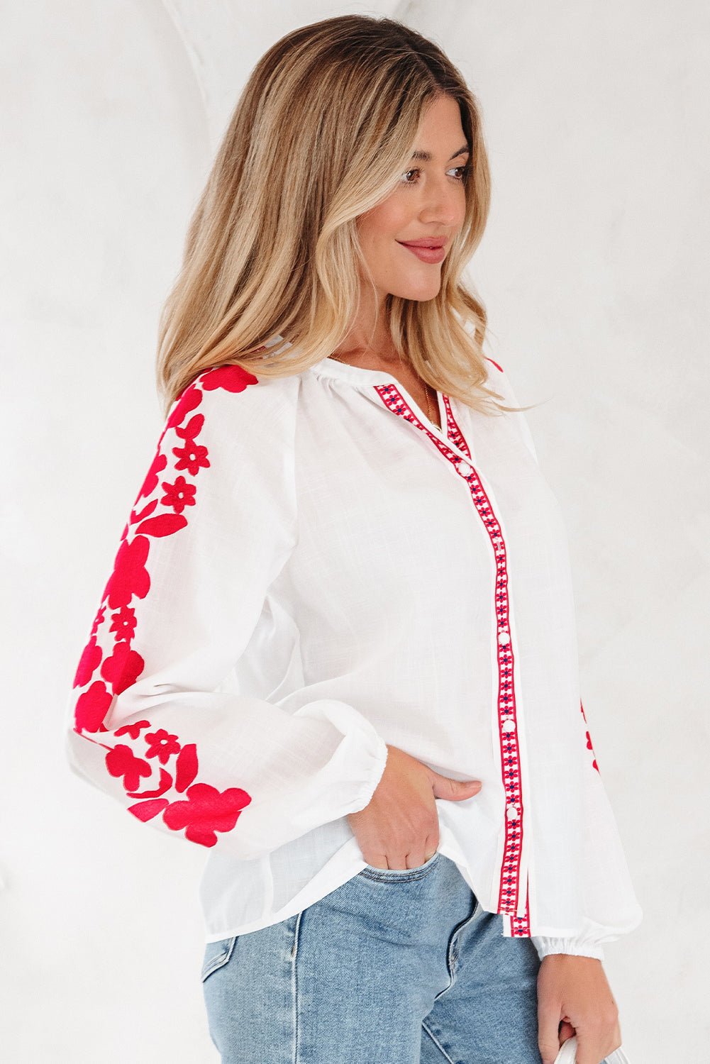Floral Embroidered Puff Long Sleeve Shirt - Rooted & Reckless Co.
